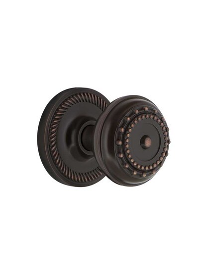 Rope Rosette Door Set With Meadows Door Knobs in Timeless Bronze.